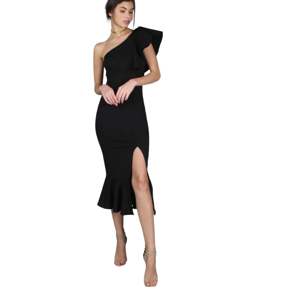SHEIN Ruffle Peplum One Shoulder Dress - black Sz S/M